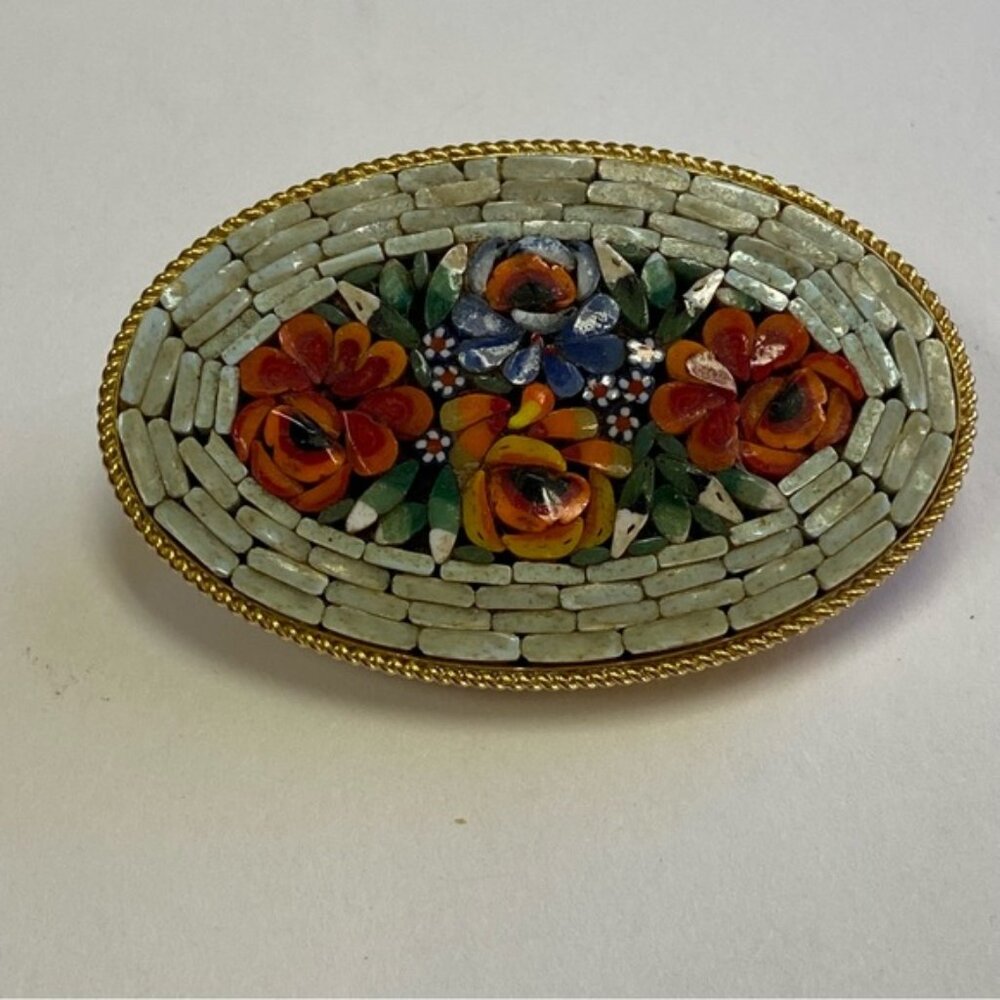 BROOCH PIN GOLD TONE VINTAGE OVAL VENETIAN MOSAIC FLORAL WHITE ORANGE RED GREEN - Picture 8 of 12